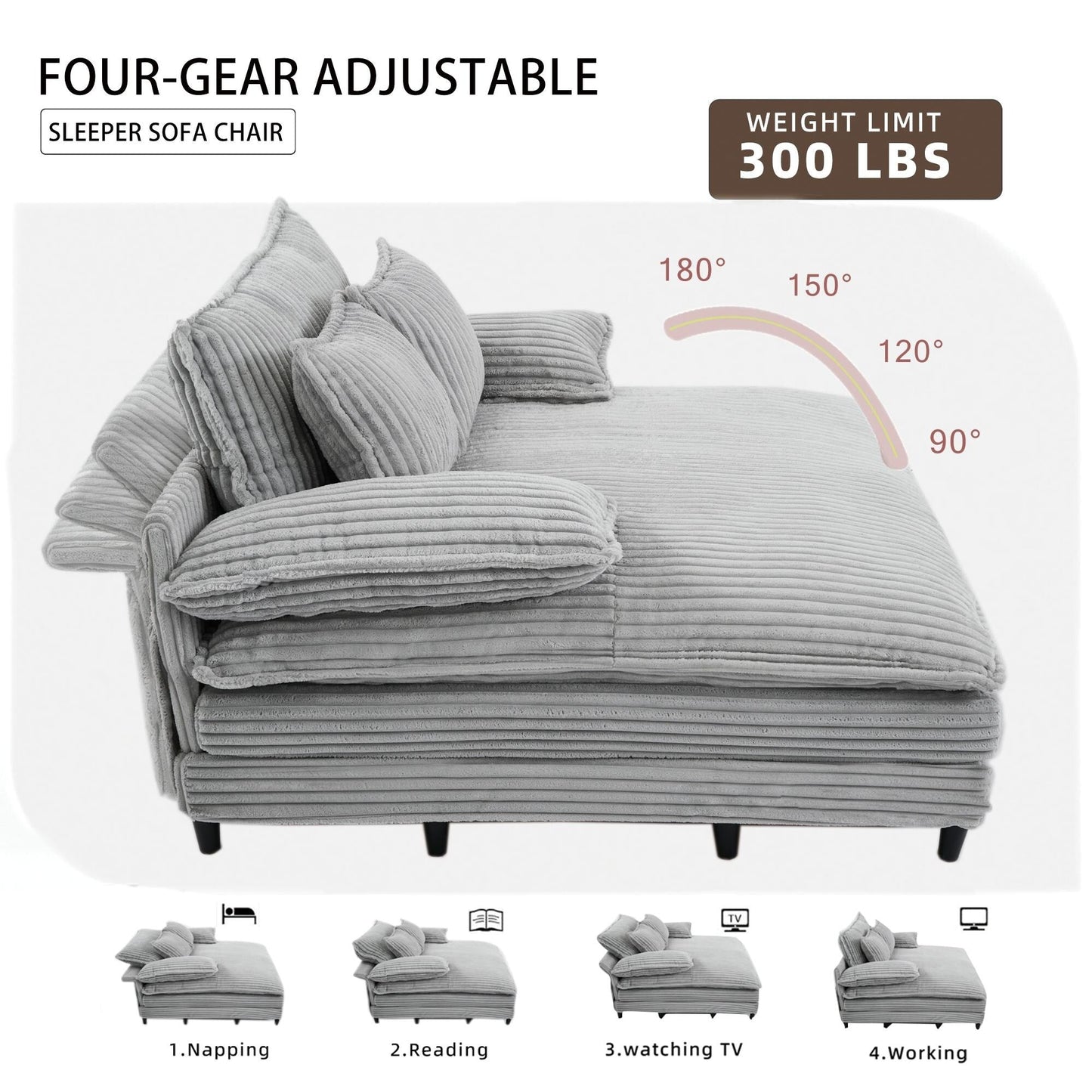 Canapé-lit surdimensionné Harmonia 109 W en velours côtelé, méridienne double profonde avec 4 coussins