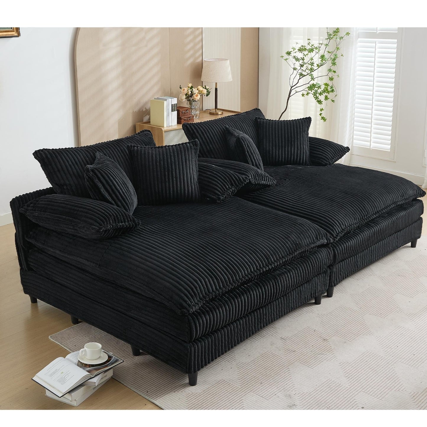 Canapé-lit surdimensionné Harmonia 109 W en velours côtelé, méridienne double profonde avec 4 coussins