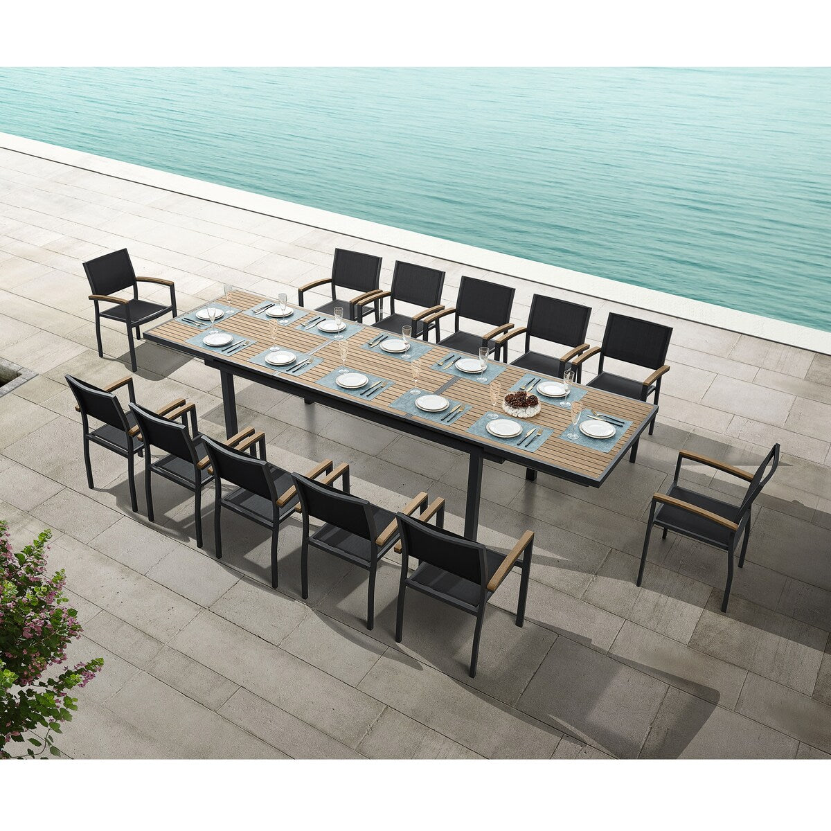 Ensemble de salle à manger d'extérieur Heck 13 pièces en aluminium teck certifié FSC pour 12 personnes, table extensible et chaises empilables, noir anthracite