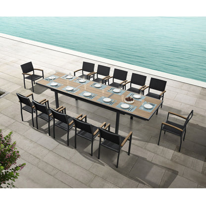 Ensemble de salle à manger d'extérieur Heck 13 pièces en aluminium teck certifié FSC pour 12 personnes, table extensible et chaises empilables, noir anthracite