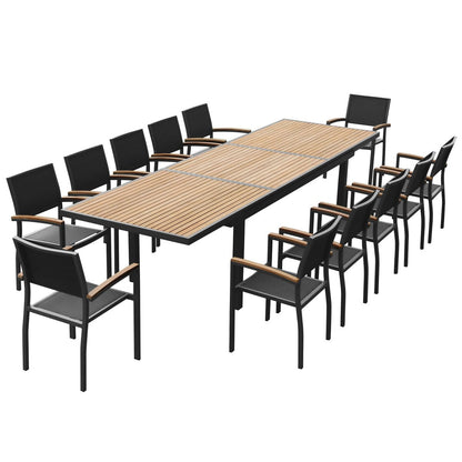 Ensemble de salle à manger d'extérieur Heck 13 pièces en aluminium teck certifié FSC pour 12 personnes, table extensible et chaises empilables, noir anthracite