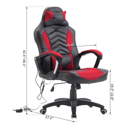 Fauteuil de jeu pour ordinateur avec 6 points de massage vibrants, 5 modes, style racing, chauffant, pivotant et à roulettes avec appui-tête.