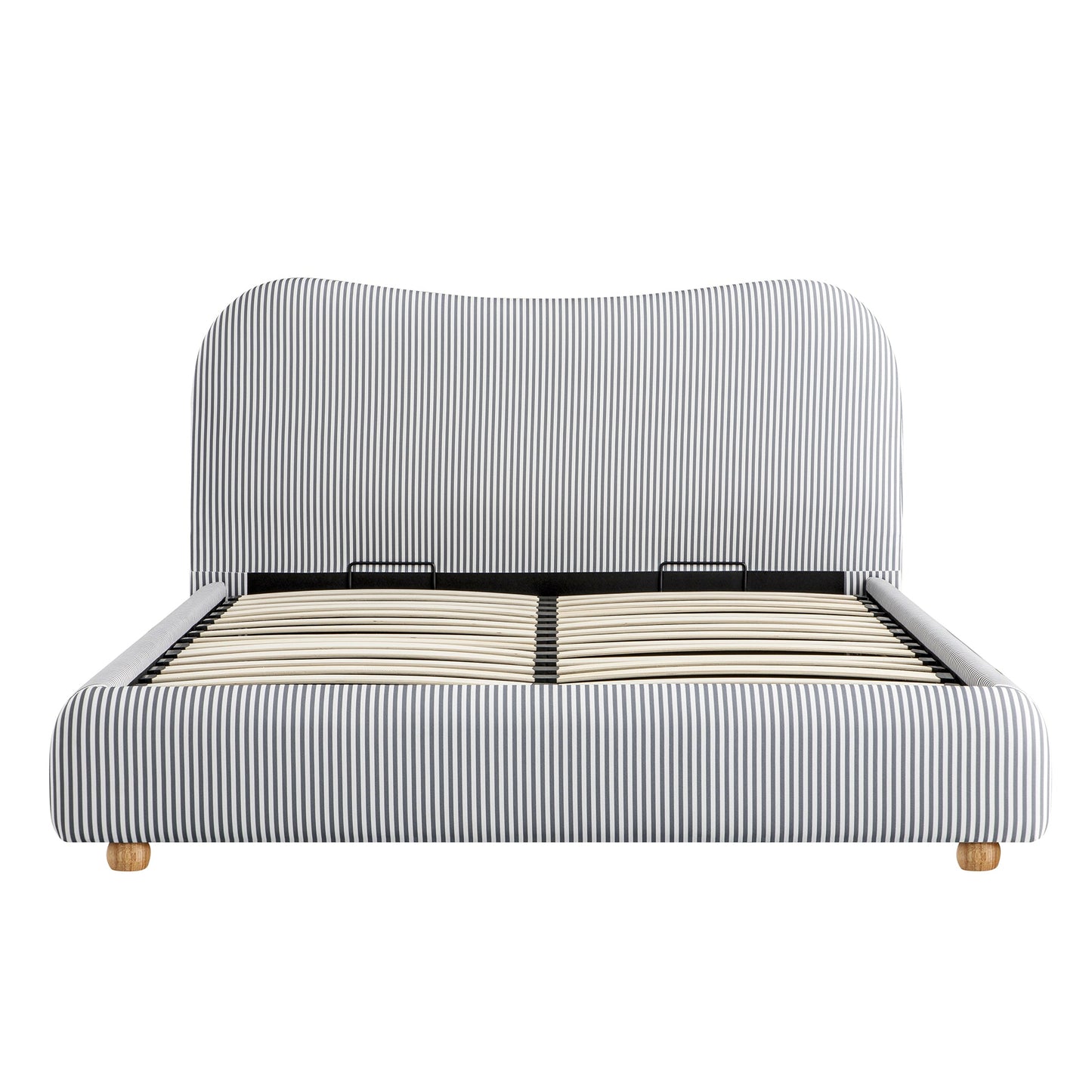Lit ottoman avec tête de lit incurvée et rangement en tissu rayé bleu ardoise Egerie