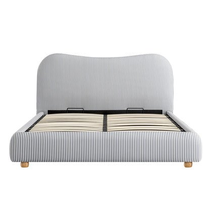 Lit ottoman avec tête de lit incurvée et rangement en tissu rayé bleu ardoise Egerie