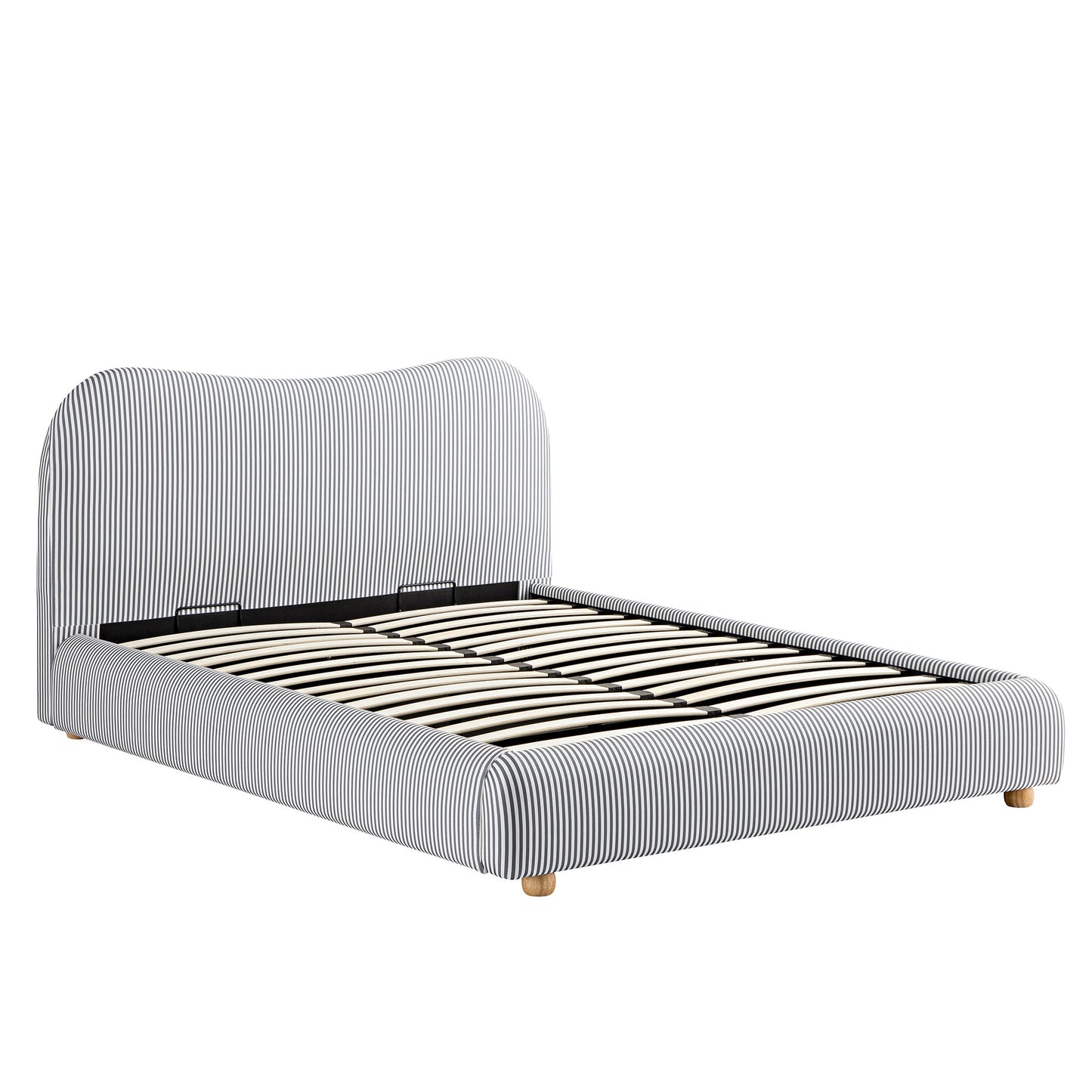 Lit ottoman avec tête de lit incurvée et rangement en tissu rayé bleu ardoise Egerie