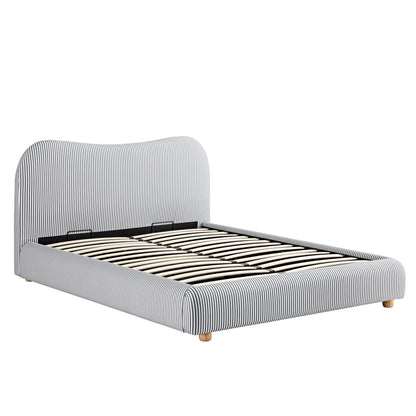 Lit ottoman avec tête de lit incurvée et rangement en tissu rayé bleu ardoise Egerie