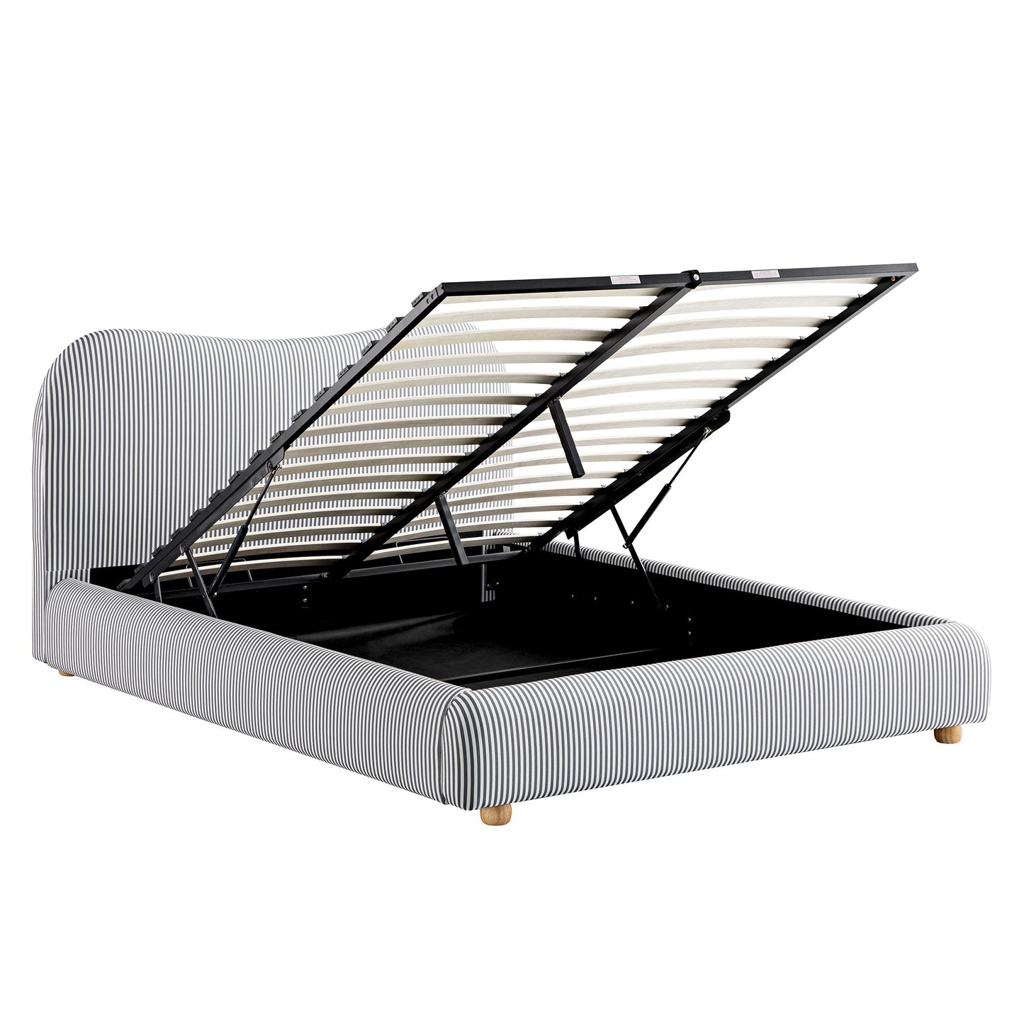 Lit ottoman avec tête de lit incurvée et rangement en tissu rayé bleu ardoise Egerie