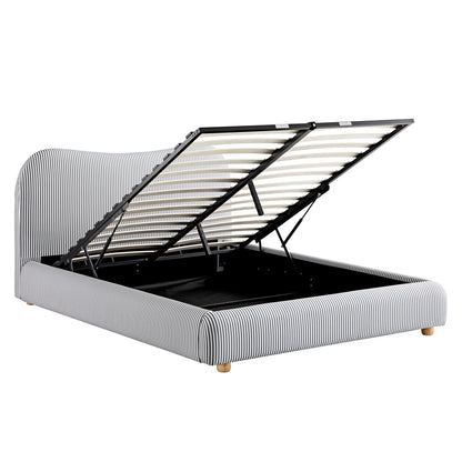 Lit ottoman avec tête de lit incurvée et rangement en tissu rayé bleu ardoise Egerie