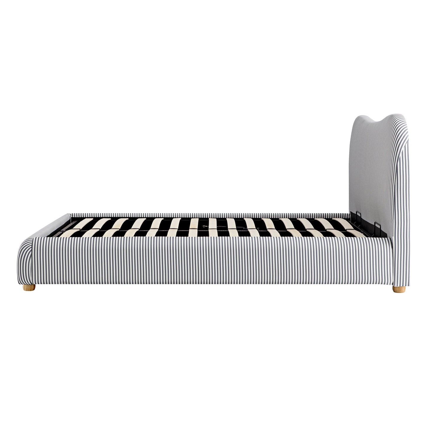 Lit ottoman avec tête de lit incurvée et rangement en tissu rayé bleu ardoise Egerie