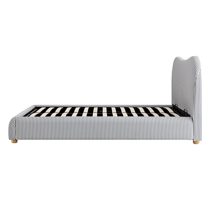 Lit ottoman avec tête de lit incurvée et rangement en tissu rayé bleu ardoise Egerie