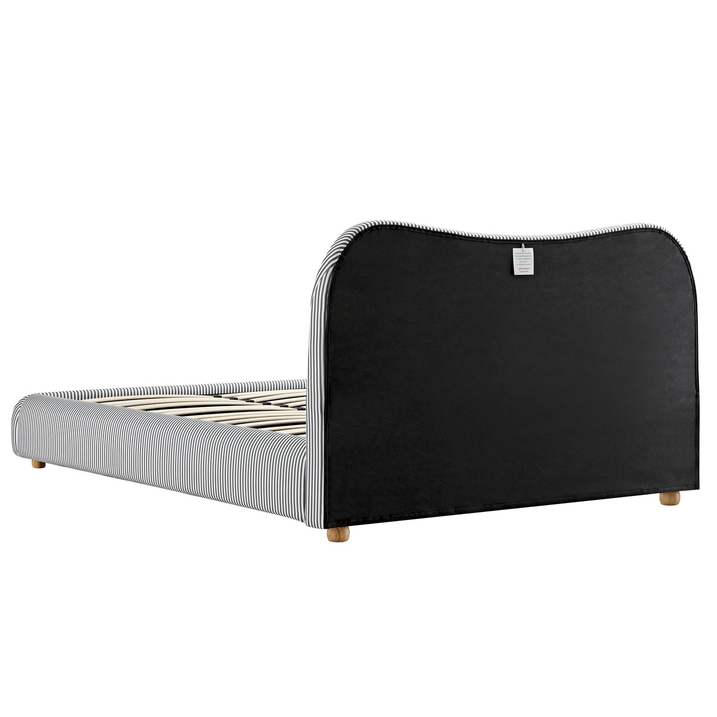 Lit ottoman avec tête de lit incurvée et rangement en tissu rayé bleu ardoise Egerie