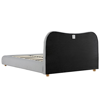 Lit ottoman avec tête de lit incurvée et rangement en tissu rayé bleu ardoise Egerie