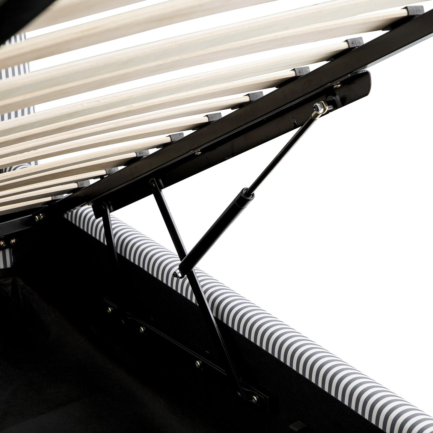 Lit ottoman avec tête de lit incurvée et rangement en tissu rayé bleu ardoise Egerie