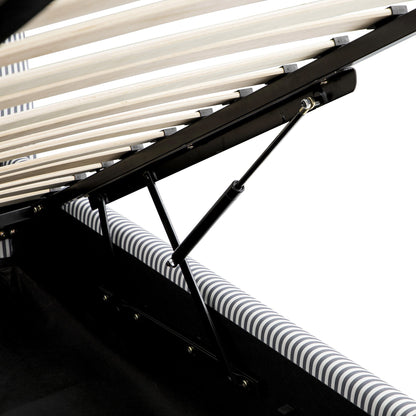 Lit ottoman avec tête de lit incurvée et rangement en tissu rayé bleu ardoise Egerie