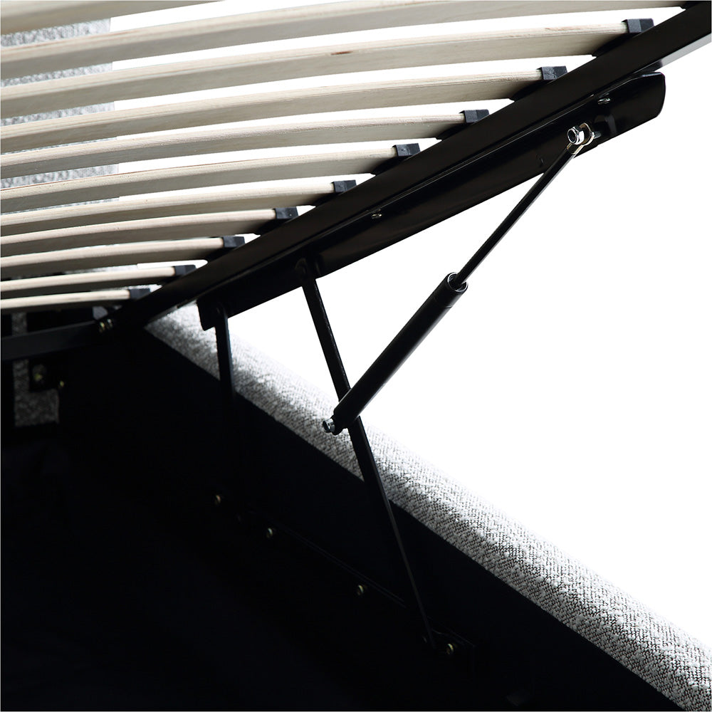 Lit coffre ottoman Egerie avec tête de lit incurvée et boucle gris brume