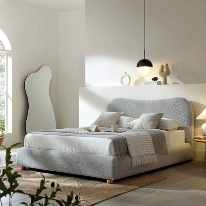 Lit coffre ottoman Egerie avec tête de lit incurvée et boucle gris brume