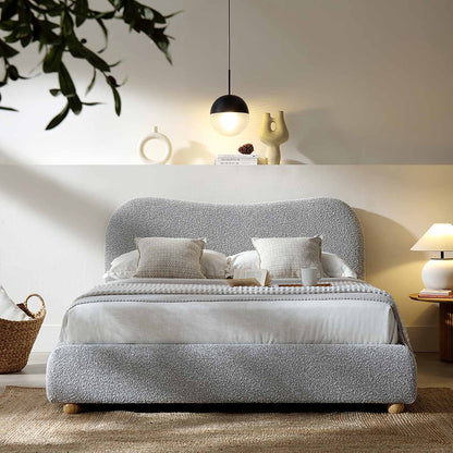 Lit coffre ottoman Egerie avec tête de lit incurvée et boucle gris brume