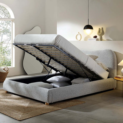 Lit coffre ottoman Egerie avec tête de lit incurvée et boucle gris brume