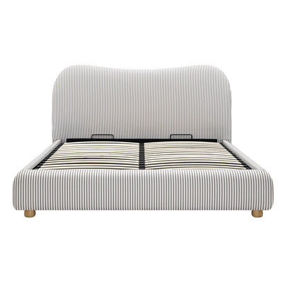 Lit coffre ottoman en tissu rayé taupe clair avec tête de lit incurvée Egerie
