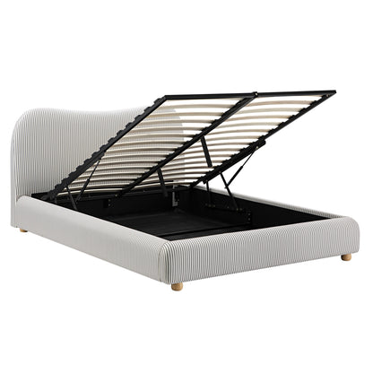 Lit coffre ottoman en tissu rayé taupe clair avec tête de lit incurvée Egerie