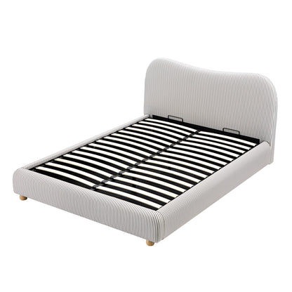 Lit coffre ottoman en tissu rayé taupe clair avec tête de lit incurvée Egerie