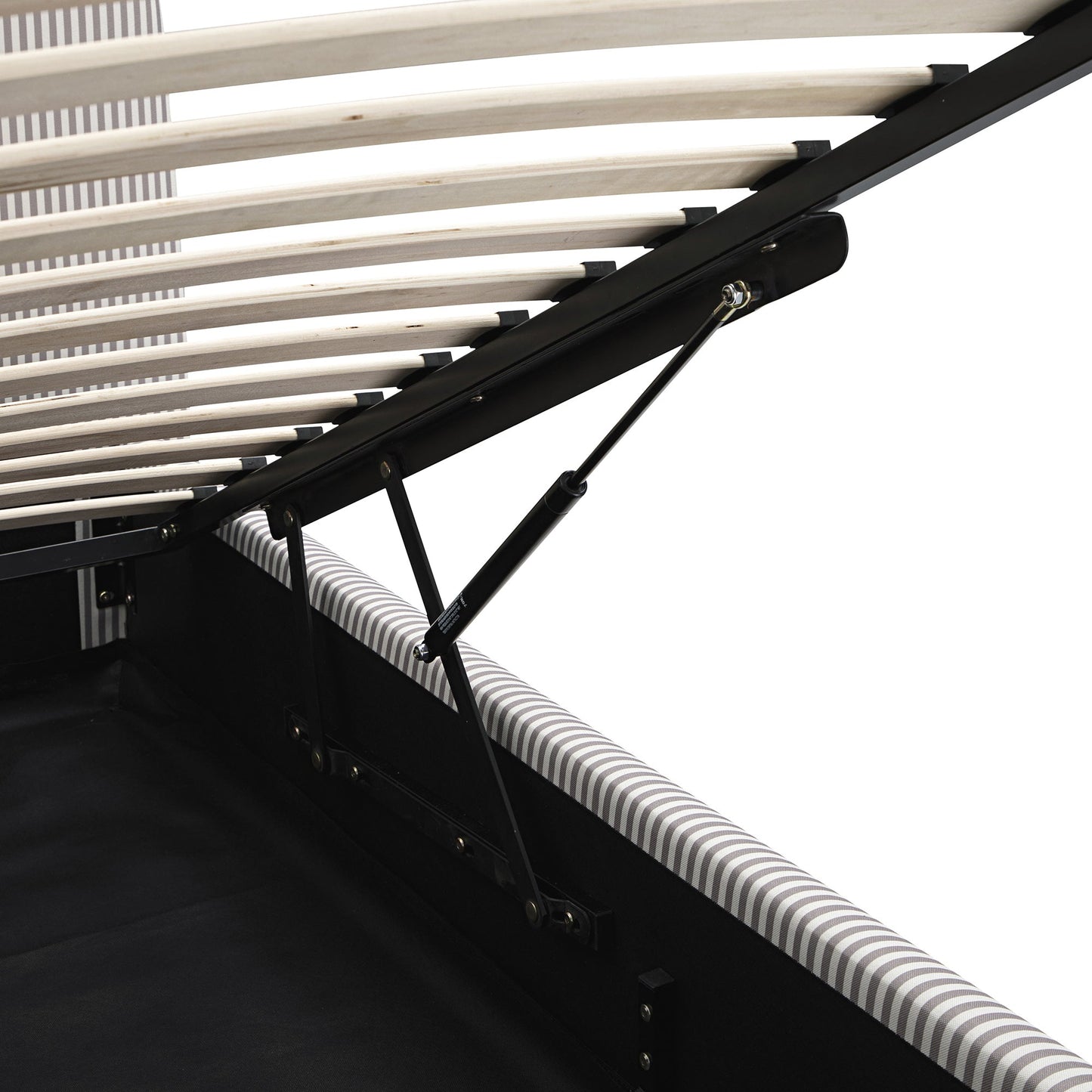 Lit coffre ottoman en tissu rayé taupe clair avec tête de lit incurvée Egerie