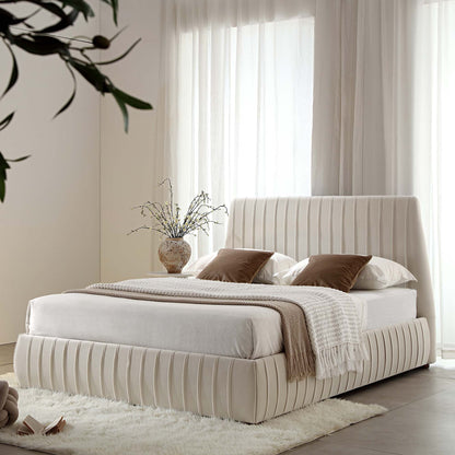 Lit coffre ottoman plissé Helia, velours champagne