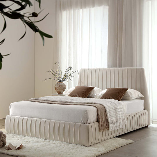 Lit coffre ottoman plissé Helia, velours champagne