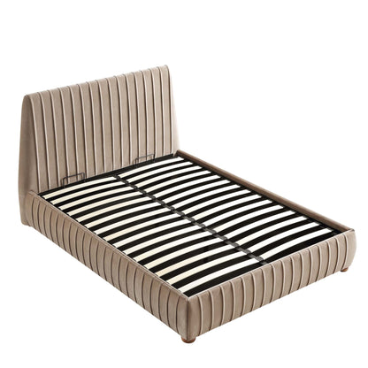 Lit coffre ottoman plissé Helia, velours taupe