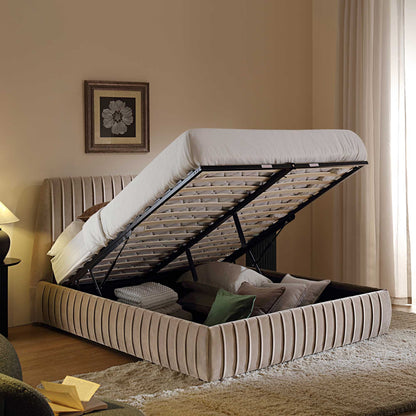 Lit coffre ottoman plissé Helia, velours taupe