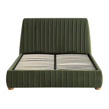 Lit coffre ottoman plissé Helia, velours vert mousse