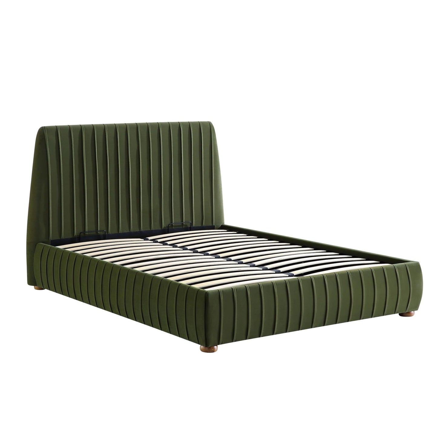 Lit coffre ottoman plissé Helia, velours vert mousse