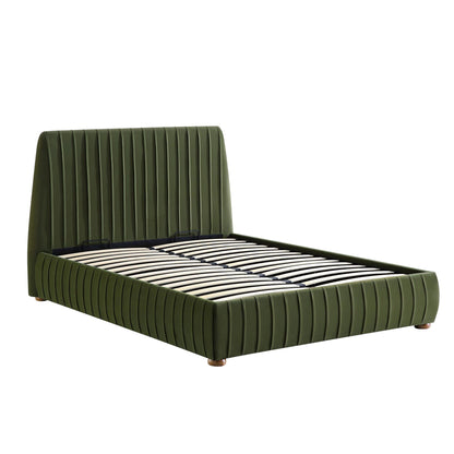 Lit coffre ottoman plissé Helia, velours vert mousse