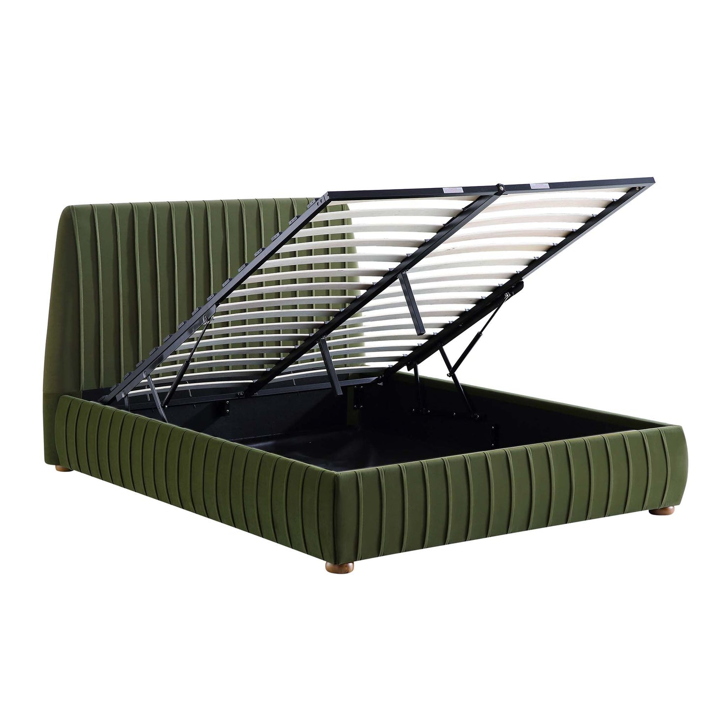 Lit coffre ottoman plissé Helia, velours vert mousse
