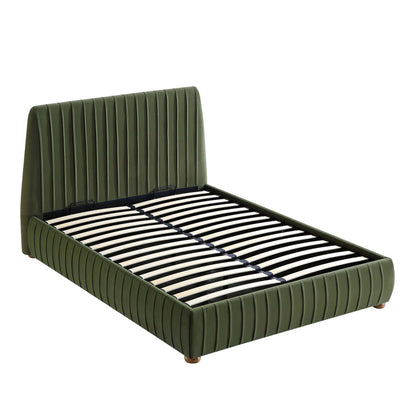 Lit coffre ottoman plissé Helia, velours vert mousse