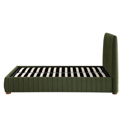 Lit coffre ottoman plissé Helia, velours vert mousse