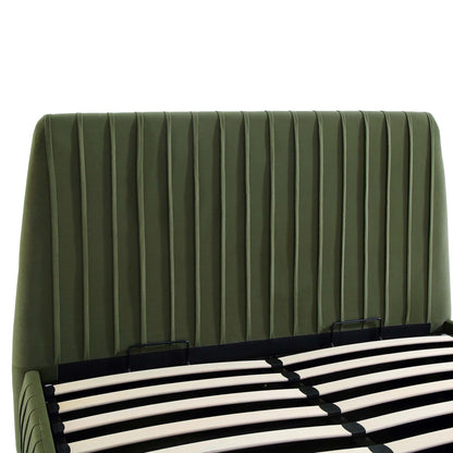 Lit coffre ottoman plissé Helia, velours vert mousse