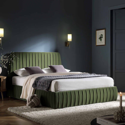 Lit coffre ottoman plissé Helia, velours vert mousse