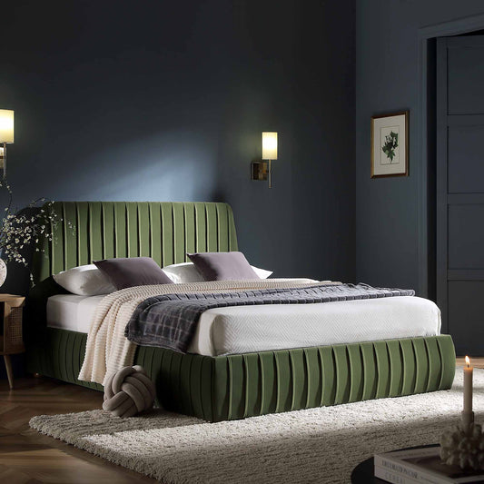 Lit coffre ottoman plissé Helia, velours vert mousse