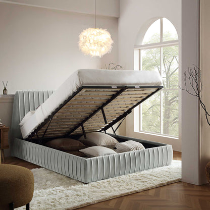 Lit coffre ottoman plissé Helia, velours gris argenté