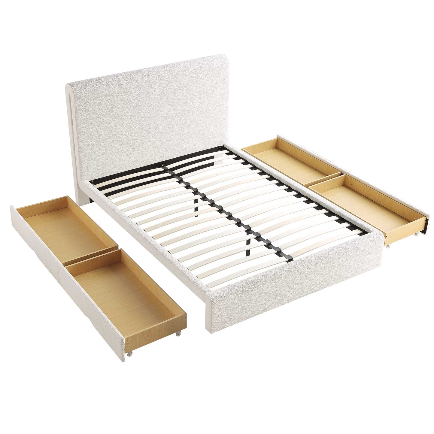 Lit incurvé Hampstead Ecru Boucle avec rangement à 4 tiroirs