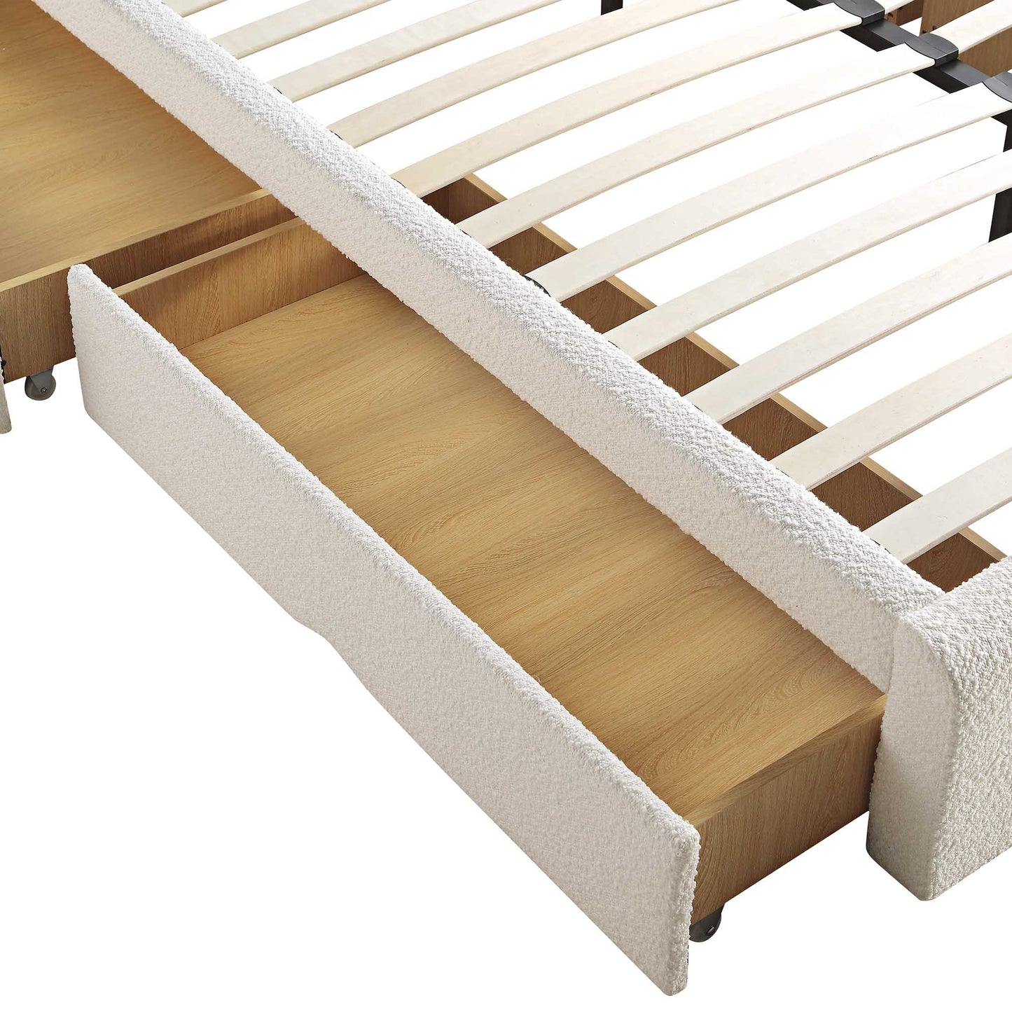 Lit incurvé Hampstead Ecru Boucle avec rangement à 4 tiroirs