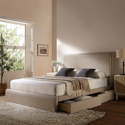 Lit incurvé Hampstead Taupe Boucle avec rangement à 4 tiroirs