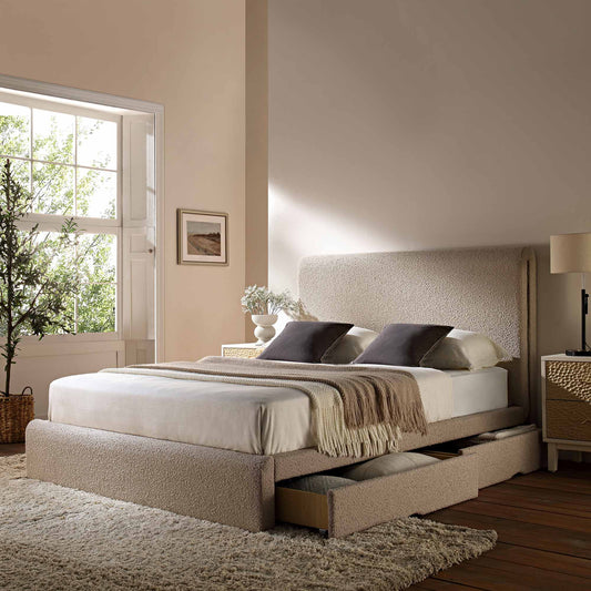 Lit incurvé Hampstead Taupe Boucle avec rangement à 4 tiroirs