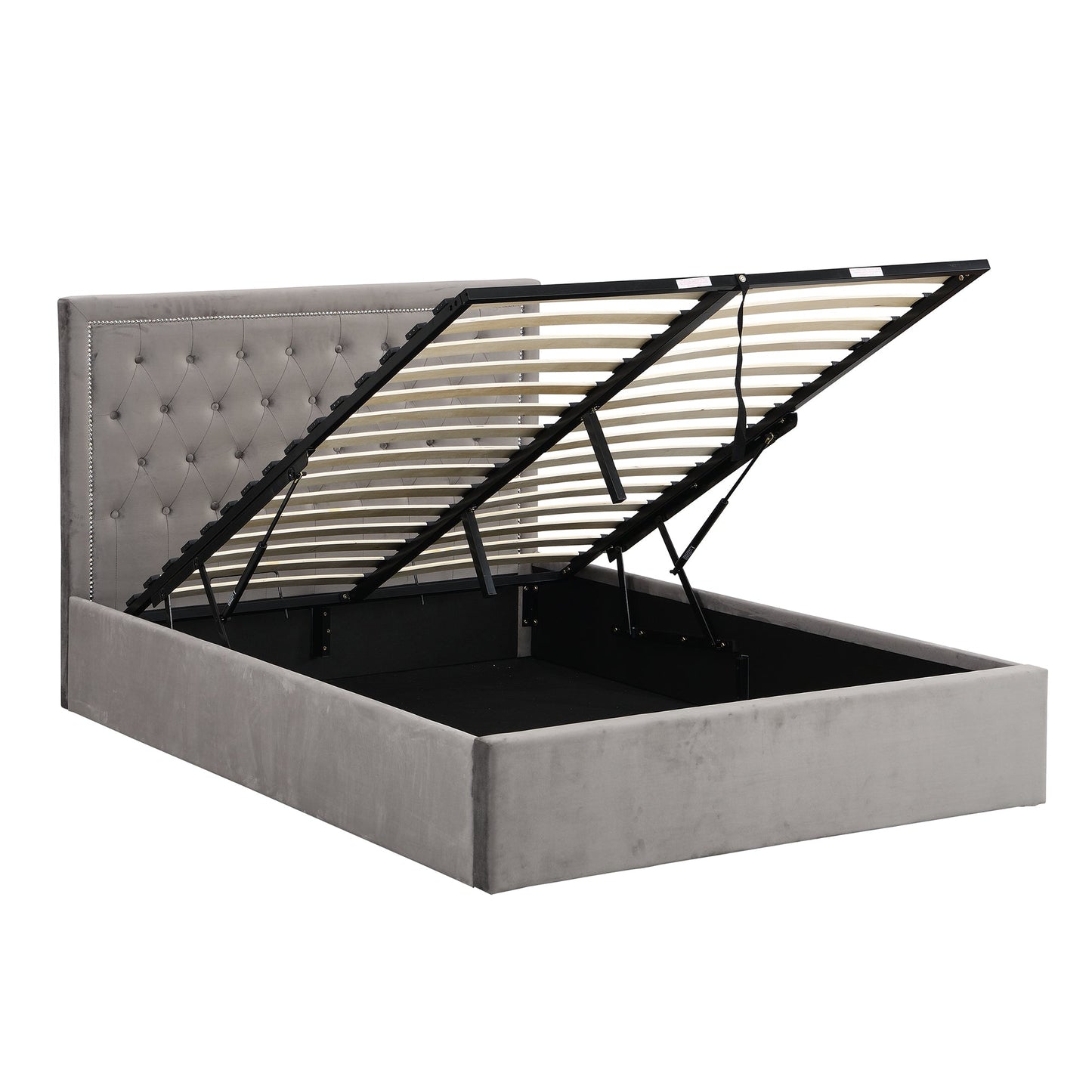 Lit ottoman rembourré Hartwell avec tête de lit profondément boutonnée (velours gris)