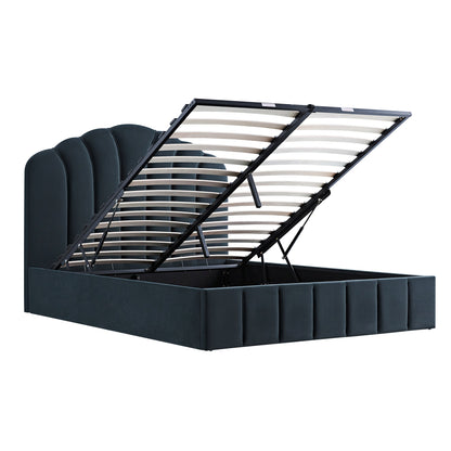 Lit coffre ottoman Hana, velours bleu égéen