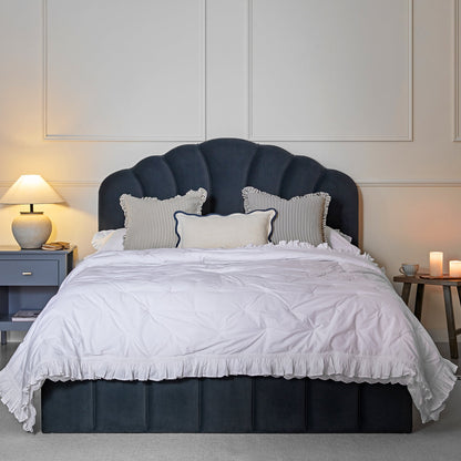 Lit coffre ottoman Hana, velours bleu égéen