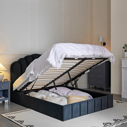 Lit coffre ottoman Hana, velours bleu égéen