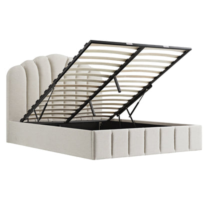 Lit coffre ottoman Hana, tissu tissé ivoire