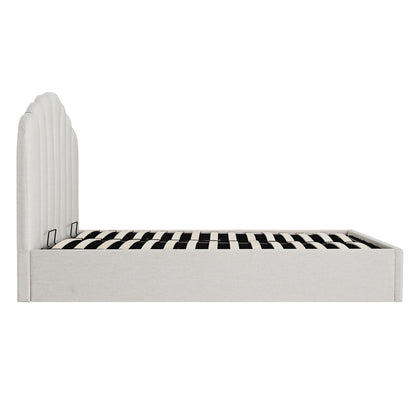 Lit coffre ottoman Hana, tissu tissé ivoire